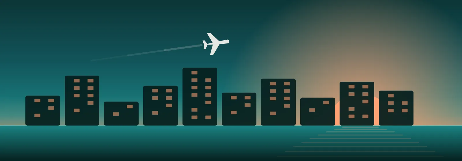 Illustration of a lit city skyline at dusk with an aircraft on approach