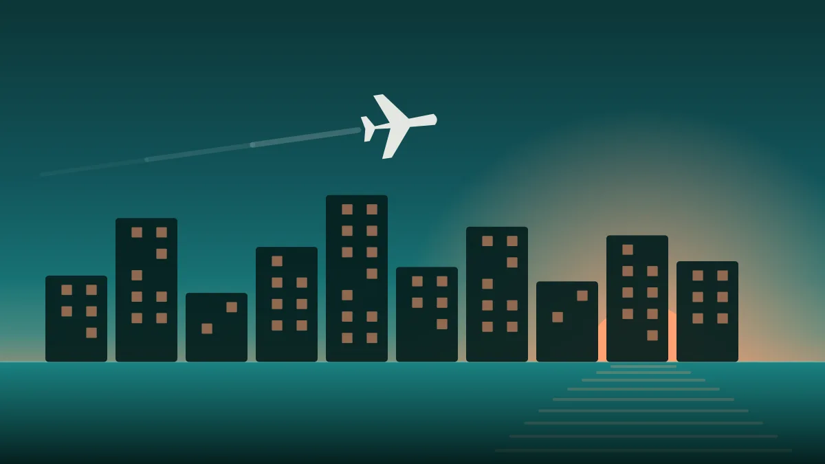 Illustration of a lit city skyline at dusk with an aircraft on approach