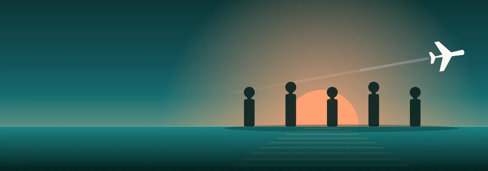 Illustration of a group of travellers on a shoreline watching an aircraft depart at sunset