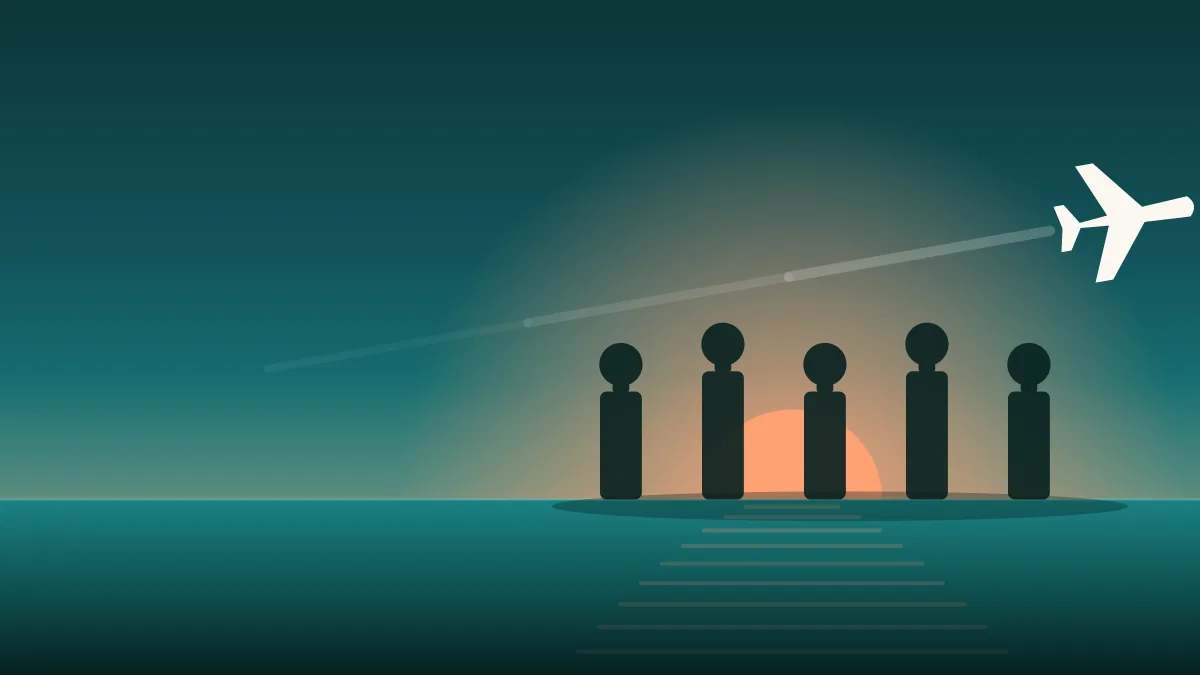 Illustration of a group of travellers on a shoreline watching an aircraft depart at sunset